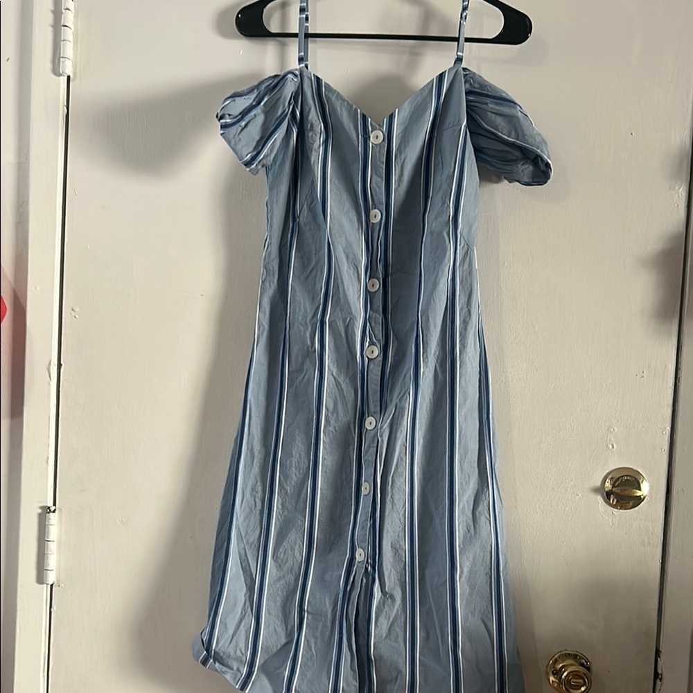 Else Light Blue Striped Off-Shoulder Midi Dress